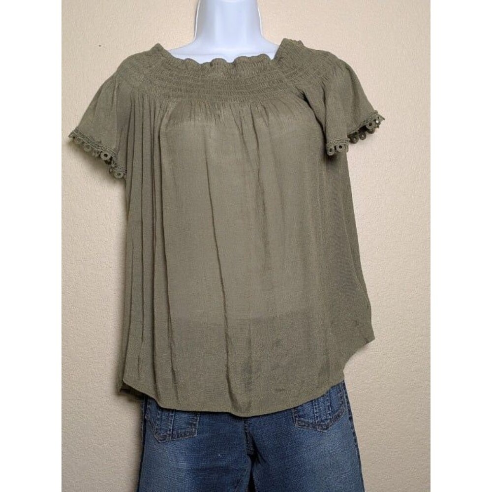 Harvé Benard Olive Green Smocked Off Shoulder Top Size Large Boho Cottagecore